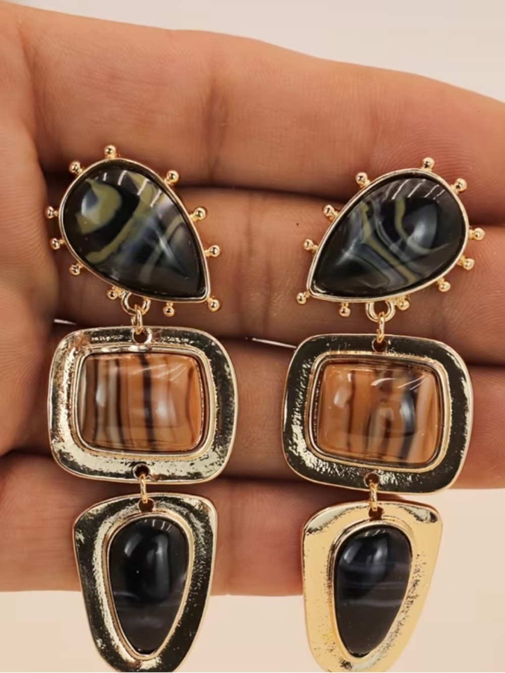 Gold Resin Multi Stone Drop Earrings Brown Gem Dangle Statement Boho Chic